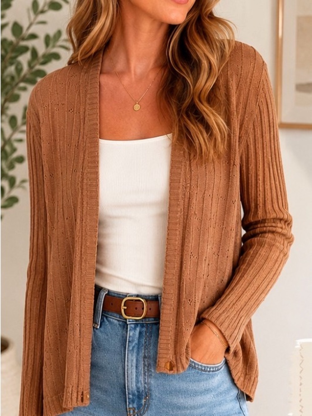 Halogen Pointelle Open Front Cardigan Sweater Camel Brown Size Medium